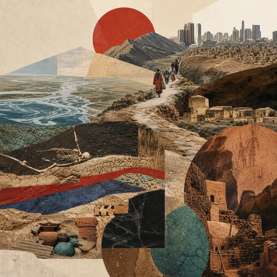 Editorial collage connecting landscapes, archaeology, migration routes and contemporary cities.