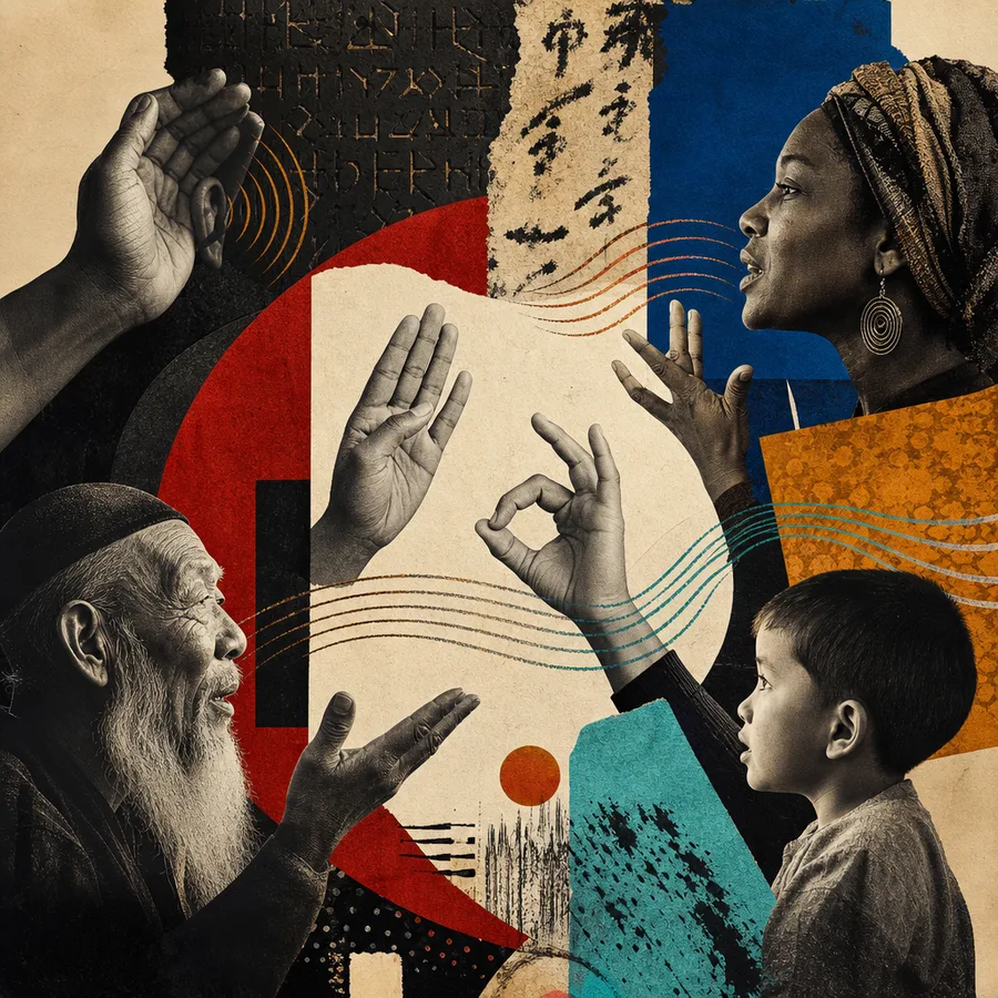 Editorial collage of speaking, listening, writing, gesture and intergenerational communication.