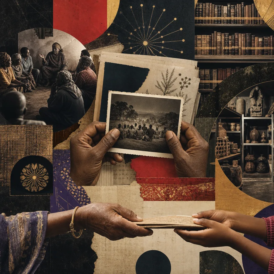 Editorial collage of oral memory, archives, family photographs, libraries and shared knowledge.