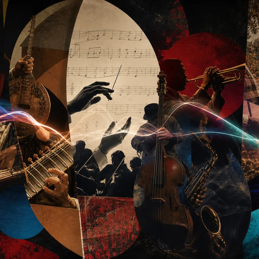 Editorial collage connecting ritual rhythm, acoustic instruments, classical music, jazz and electronic sound.