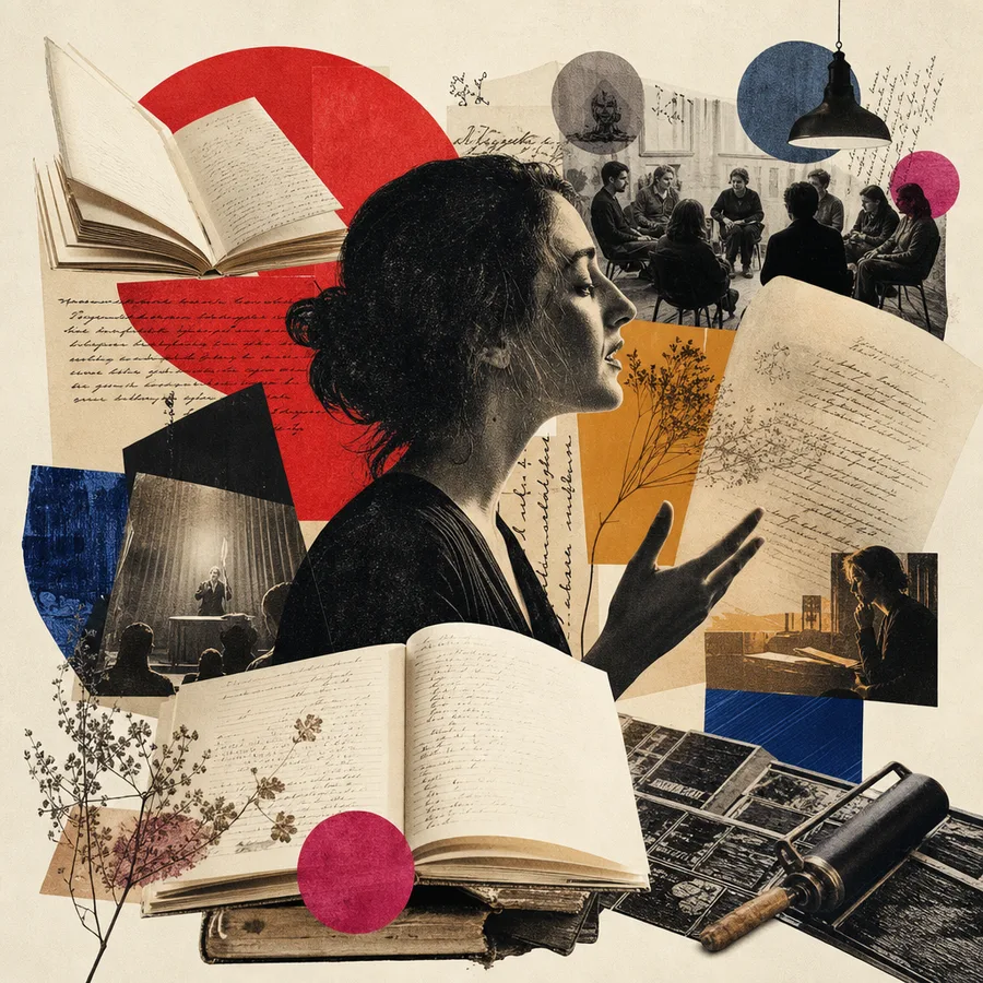 Editorial collage of books, poetry, oral storytelling, printing and digital narratives.