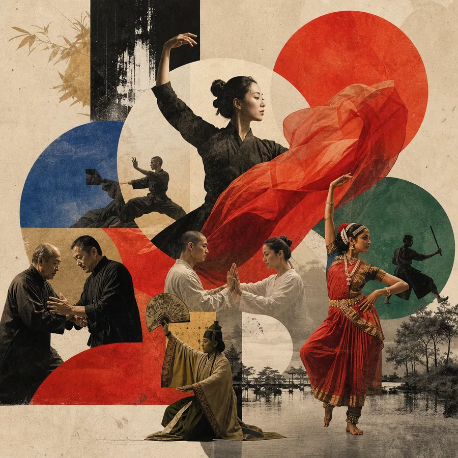 Editorial collage of dance, ritual movement, gesture and diverse martial traditions as living heritage.