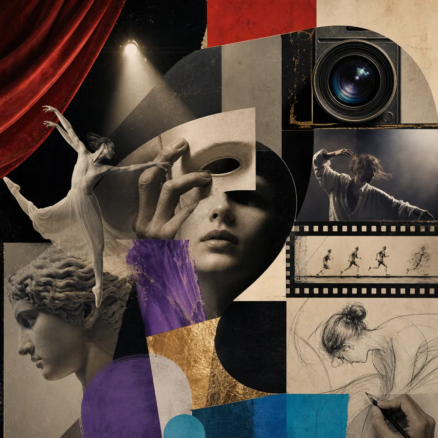 Editorial collage of theatre, opera, dance, masks, painting, sculpture, photography and cinema.