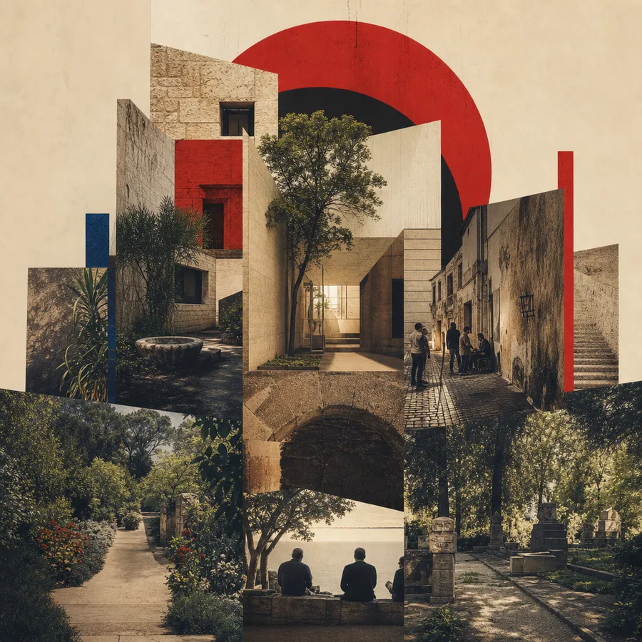 Editorial collage of homes, courtyards, public spaces, gardens and layered cultural landscapes.