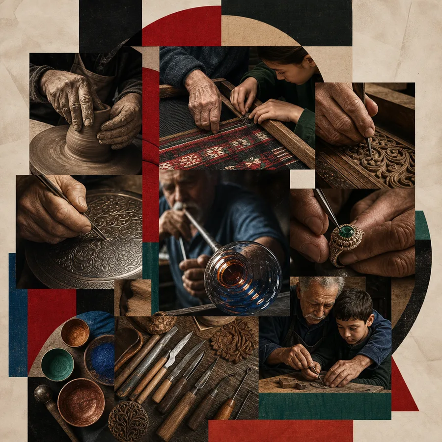 Editorial collage of hands working clay, textile, wood, metal, glass, jewellery and tools.
