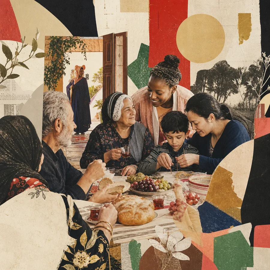 Editorial collage of an intergenerational family sharing food, learning and everyday care.