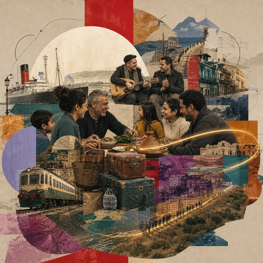 Editorial collage of journeys, connected homes, mixed communities and cultural exchange.