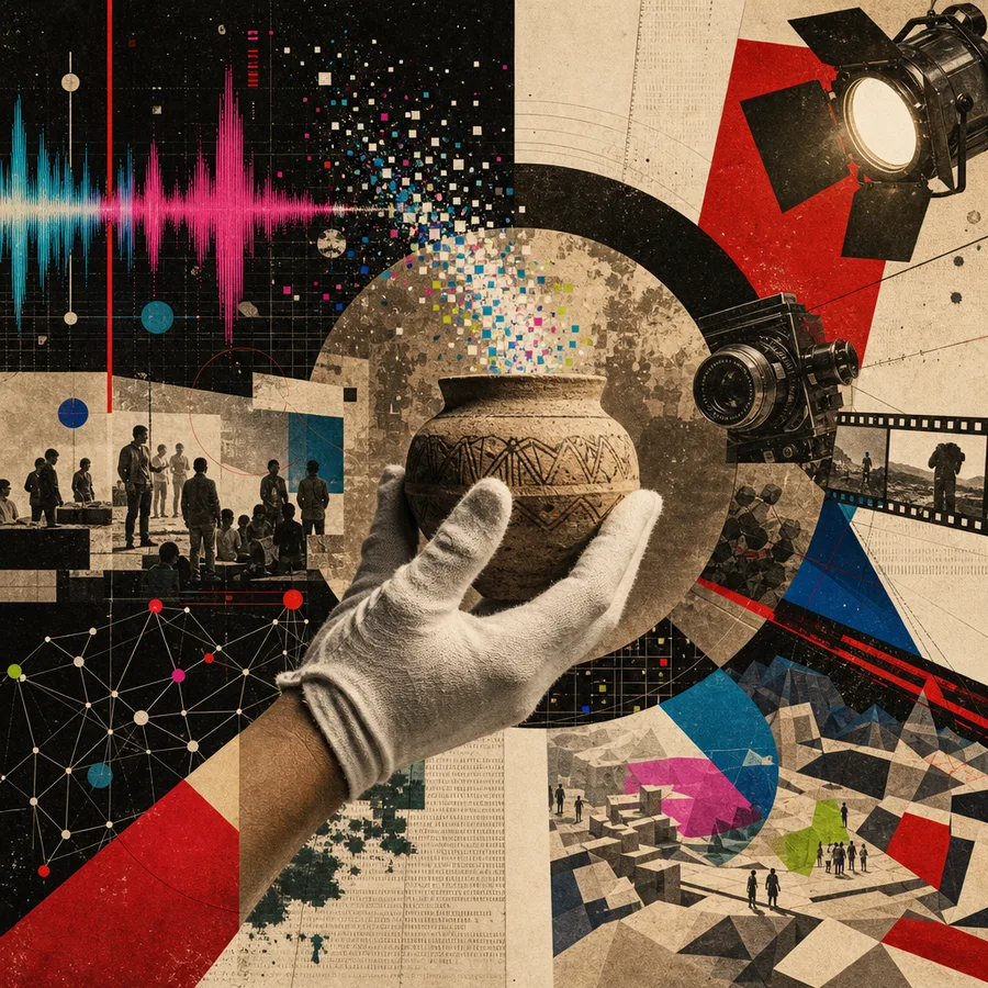 Editorial collage of radio, cinema, digital archives, games, networks and humane artificial intelligence.