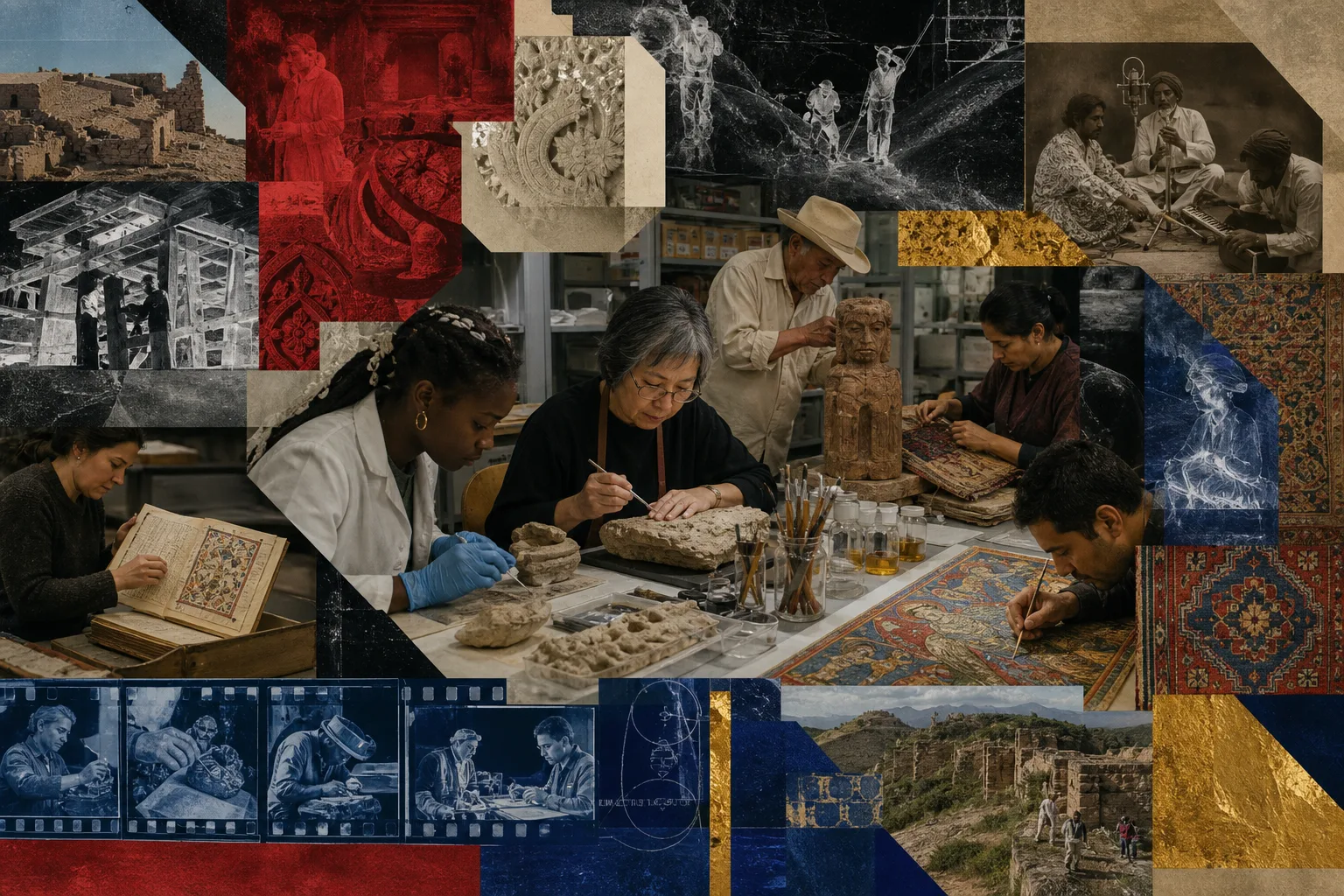 Collage of conservators and community custodians caring for architecture, manuscripts, textiles and sound archives.