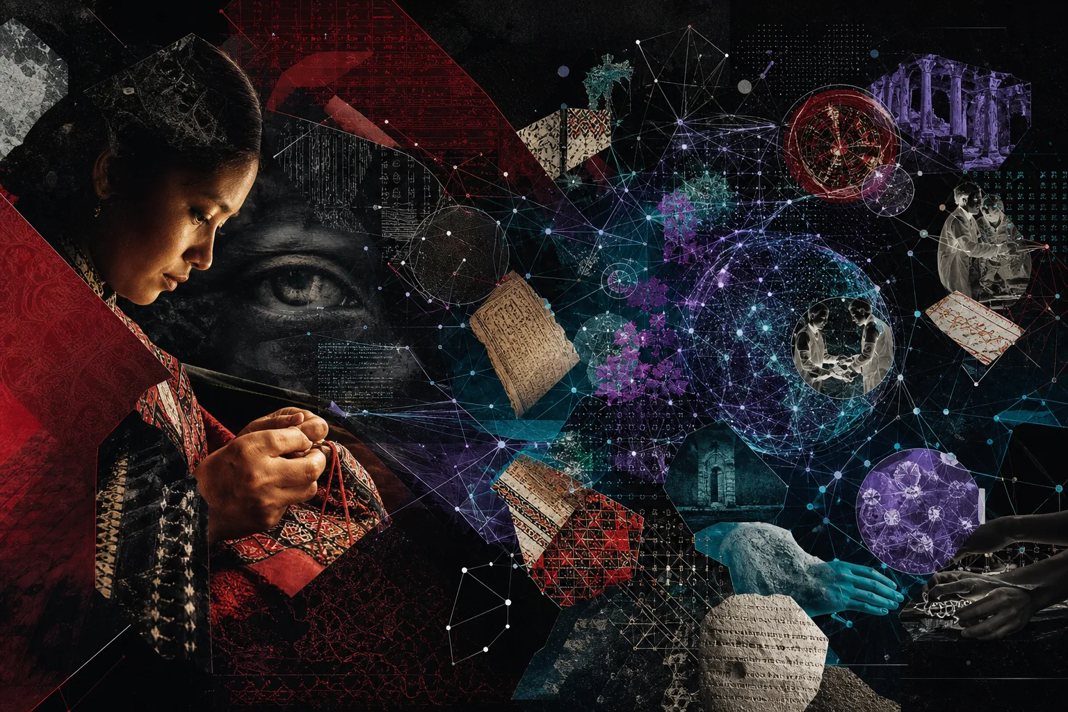 Editorial collage connecting cultural memory with responsible AI, provenance, knowledge graphs and emerging creative technologies.