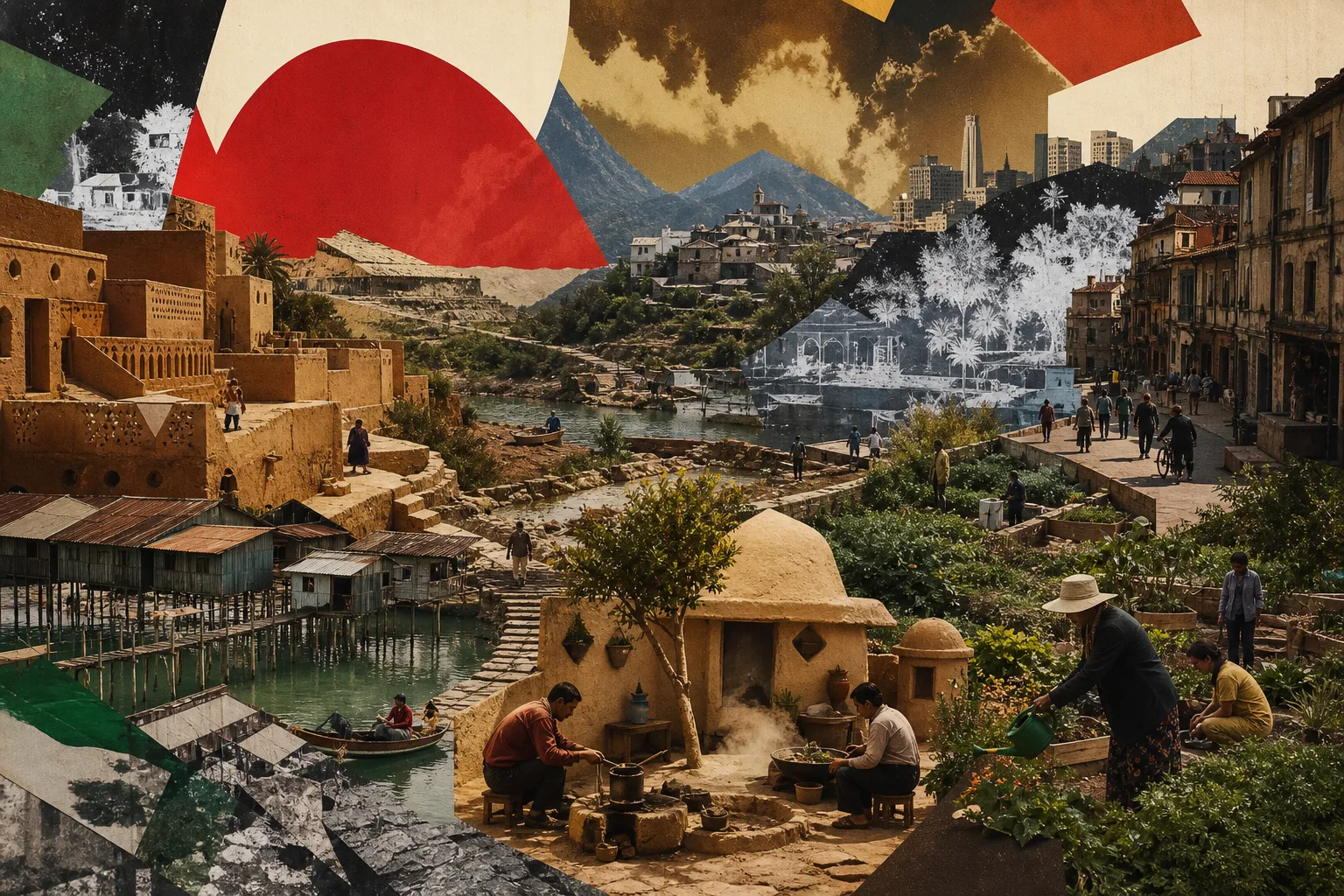 Planetary collage of diverse living settlements, cultural landscapes and communities caring for place.