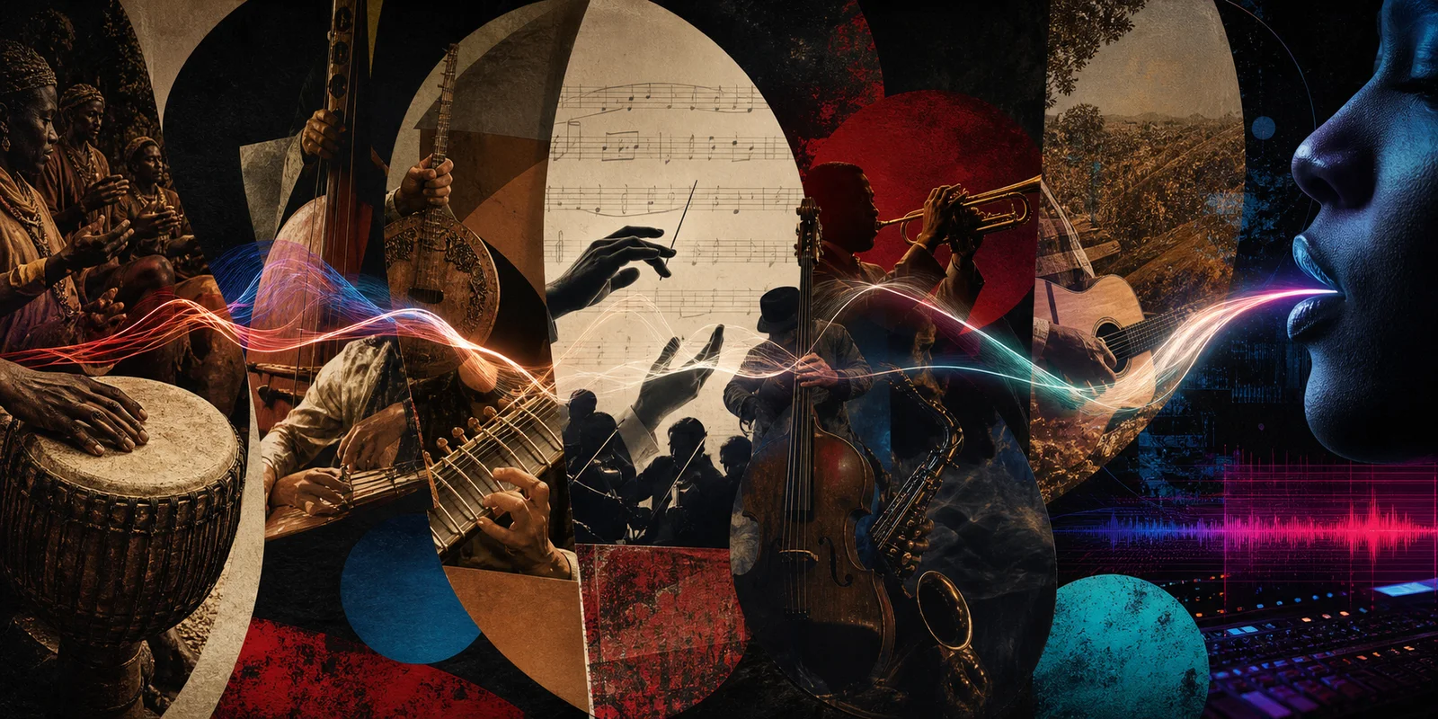Panoramic editorial collage connecting ritual rhythm, musical instruments, classical traditions, jazz, popular music and electronic sound.