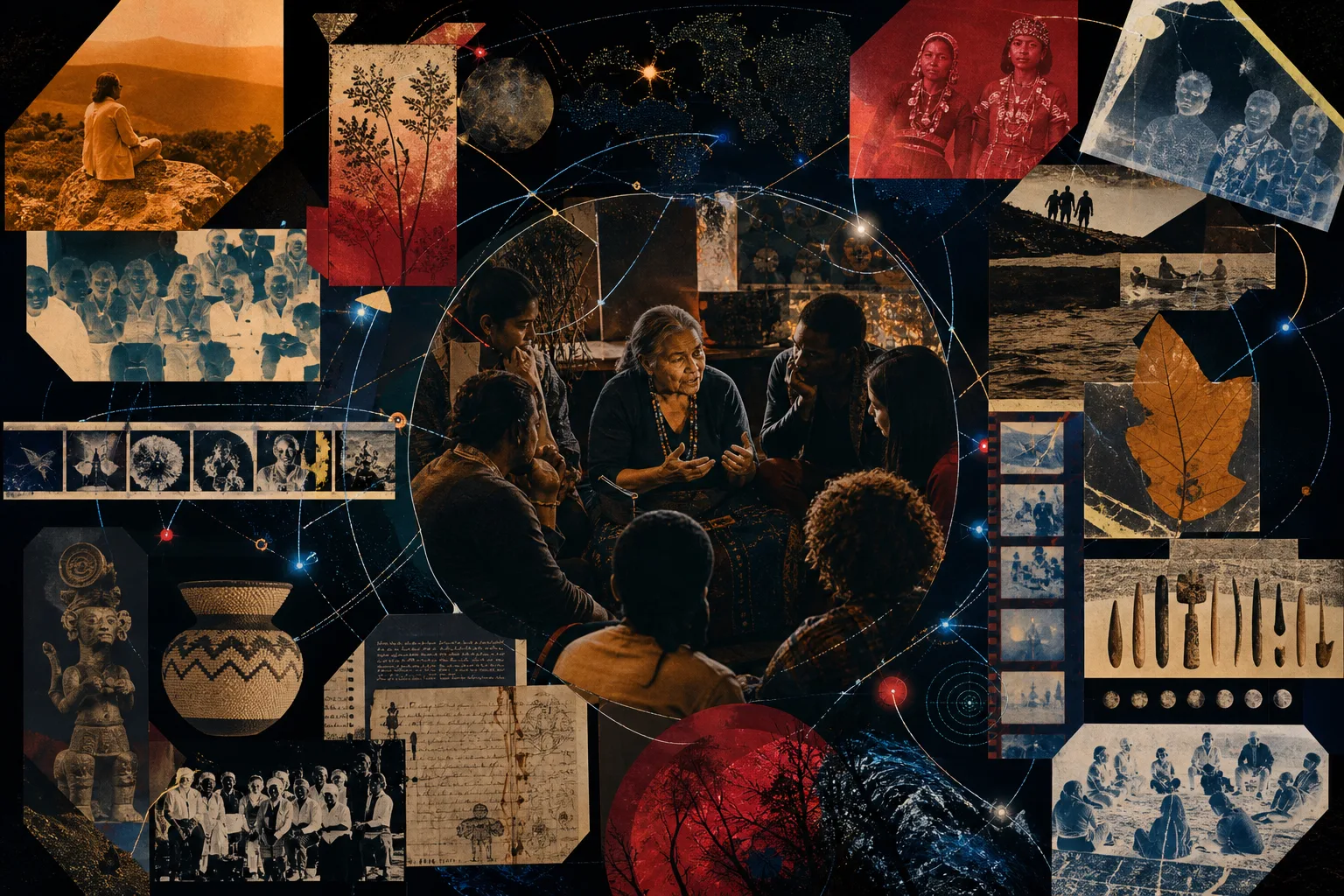 Collage connecting oral histories, family archives, recordings, objects and digital memory across continents.