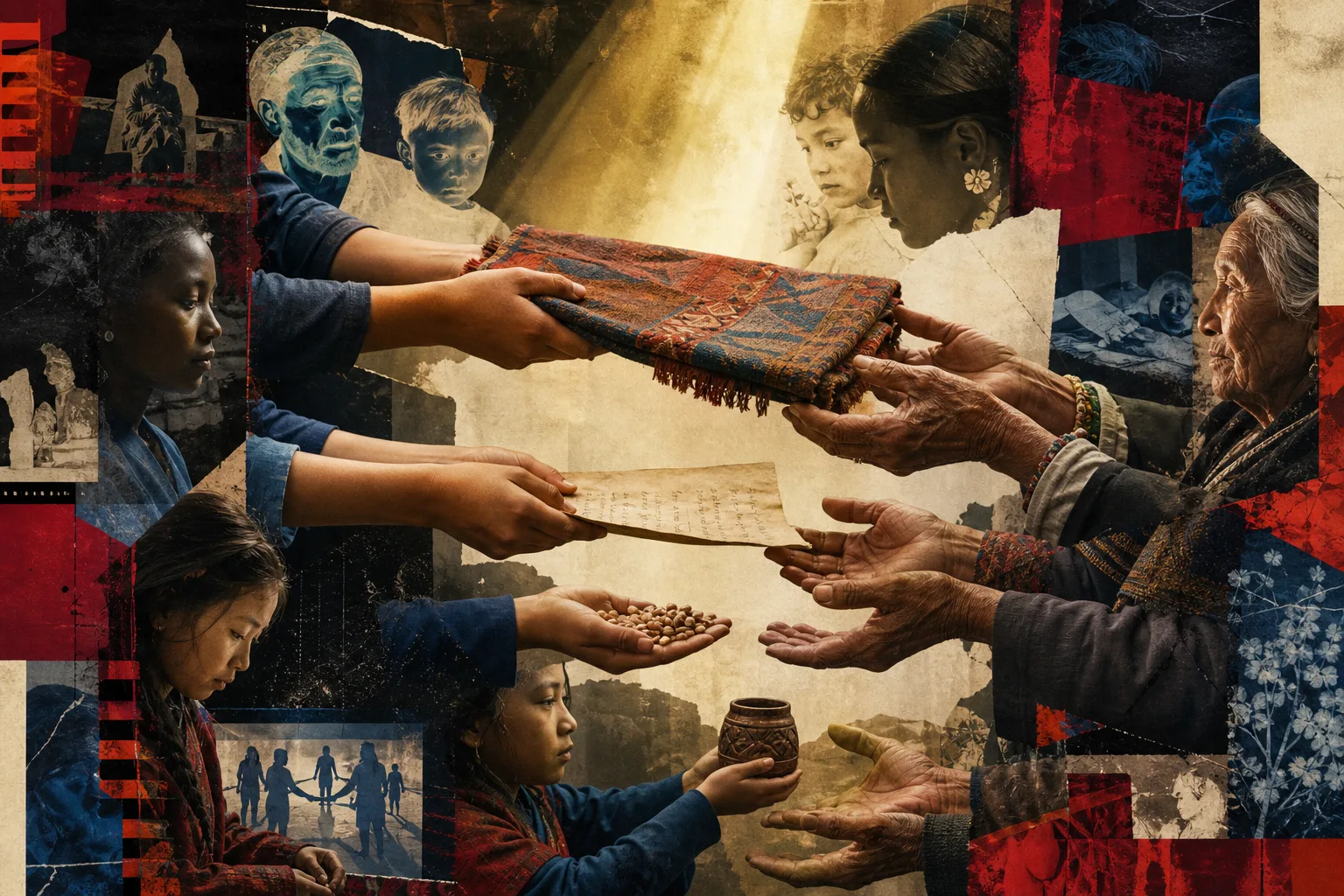 Editorial collage of intergenerational cultural memory, language, craft, care and creative transmission.